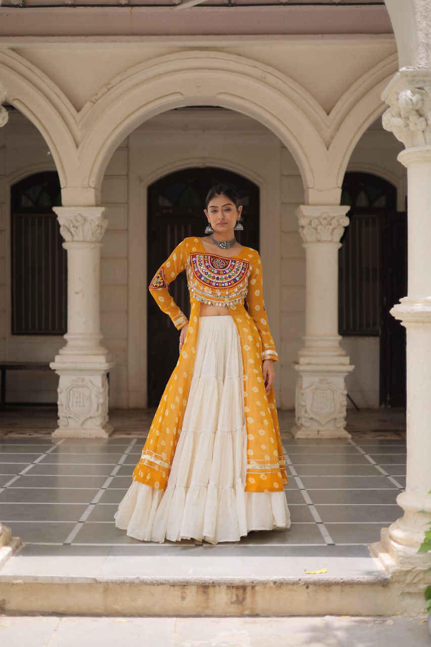 Yellow & Chiku Navratri Chaniya Choli with Mirror Work – Traditional Garba & Dandiya Outfit for Women