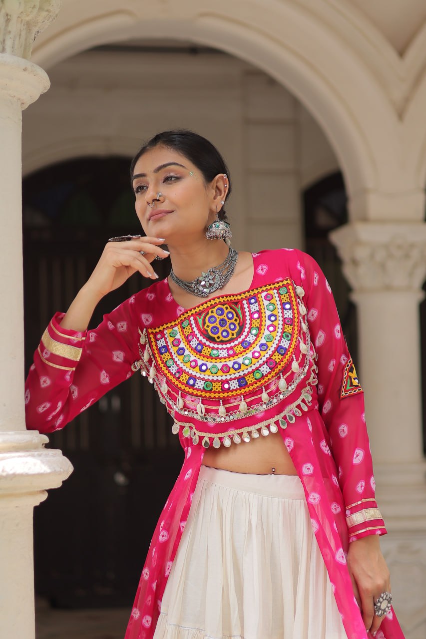 Pink & Chiku Navratri Chaniya Choli with Mirror Work – Traditional Garba & Dandiya Outfit for Women