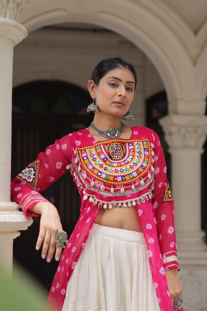 Pink & Chiku Navratri Chaniya Choli with Mirror Work – Traditional Garba & Dandiya Outfit for Women