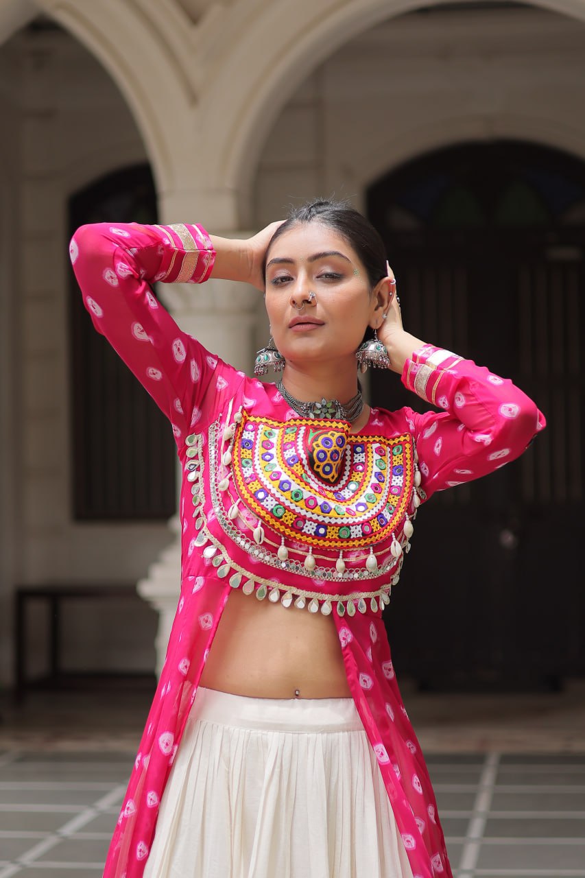 Pink & Chiku Navratri Chaniya Choli with Mirror Work – Traditional Garba & Dandiya Outfit for Women