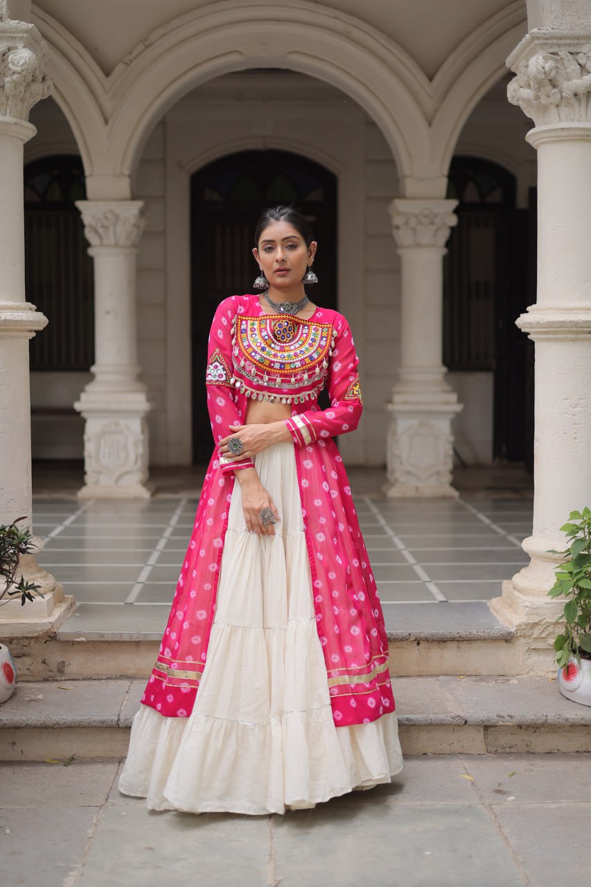 Pink & Chiku Navratri Chaniya Choli with Mirror Work – Traditional Garba & Dandiya Outfit for Women