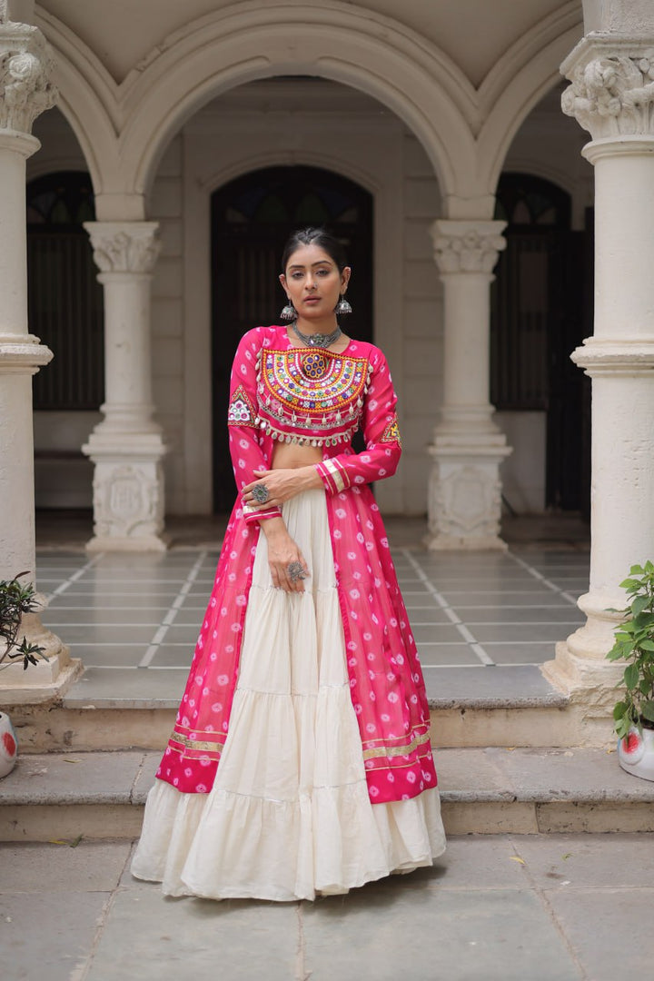 Pink & Chiku Navratri Chaniya Choli with Mirror Work – Traditional Garba & Dandiya Outfit for Women