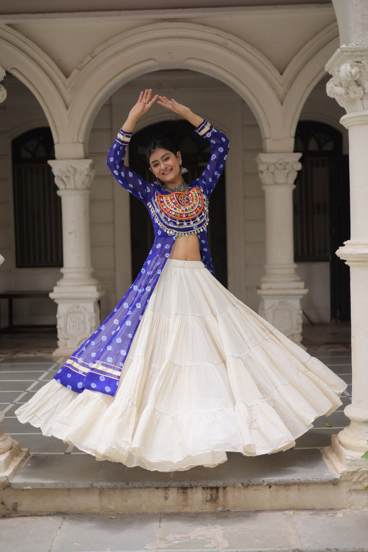 Blue & Chiku Navratri Chaniya Choli with Mirror Work – Traditional Garba & Dandiya Outfit for Women