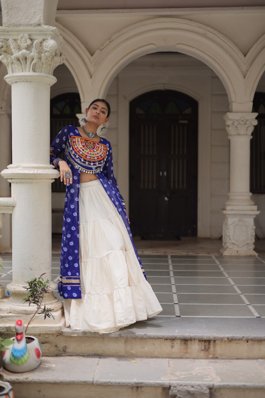 Blue & Chiku Navratri Chaniya Choli with Mirror Work – Traditional Garba & Dandiya Outfit for Women