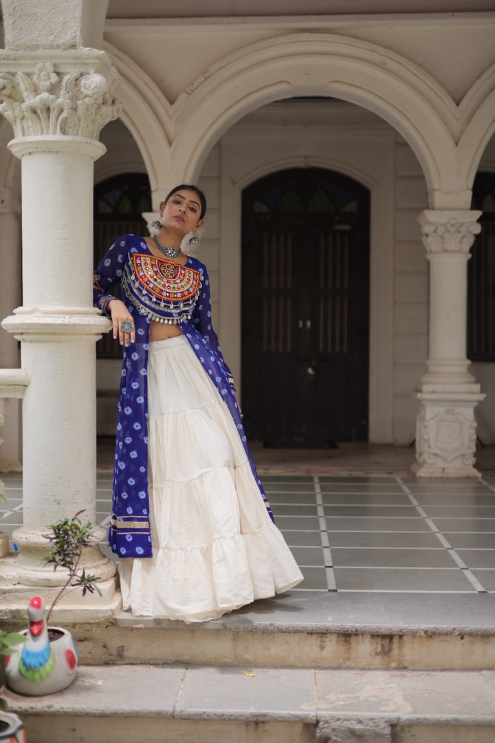 Blue & Chiku Navratri Chaniya Choli with Mirror Work – Traditional Garba & Dandiya Outfit for Women