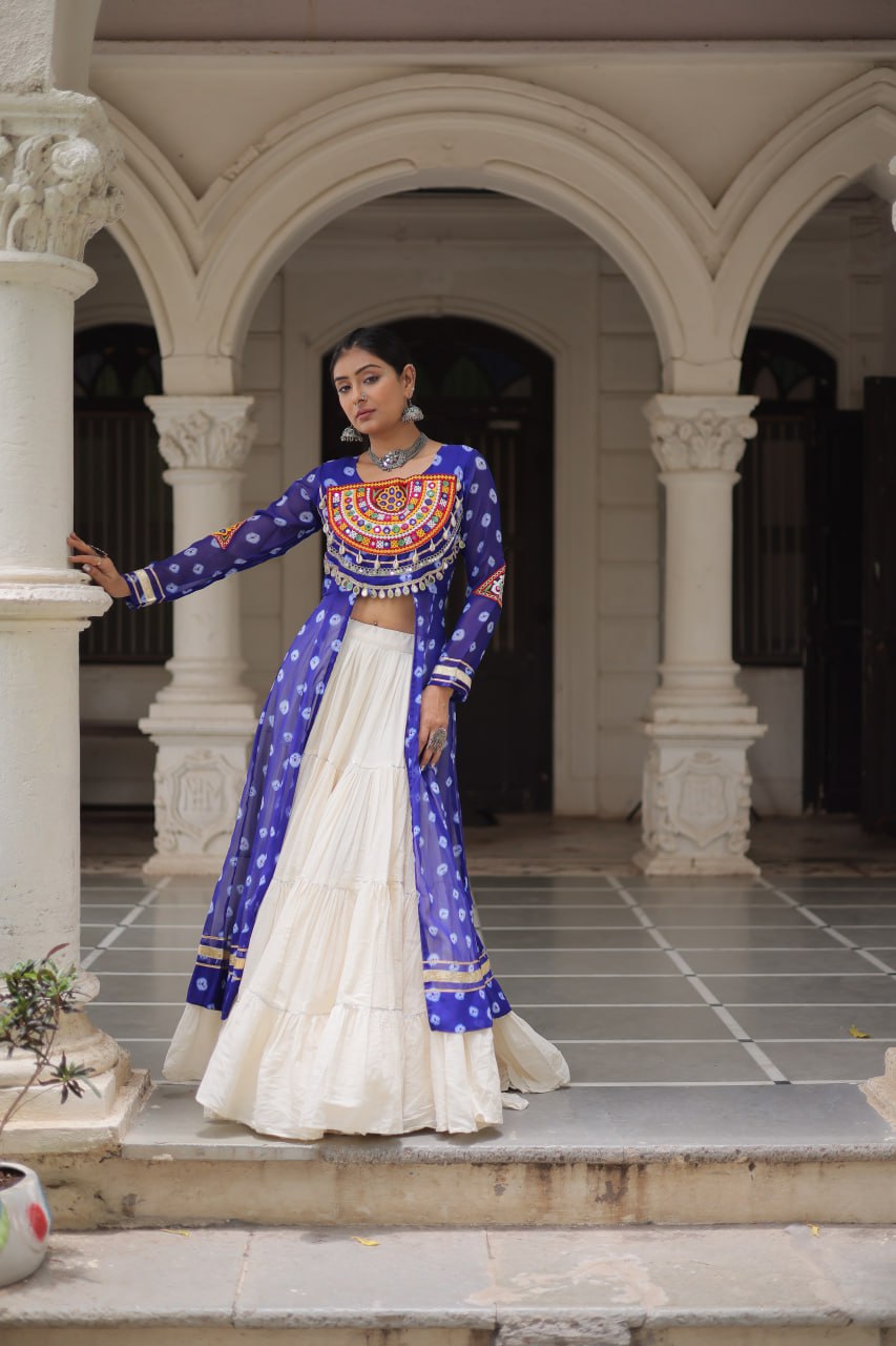 Blue & Chiku Navratri Chaniya Choli with Mirror Work – Traditional Garba & Dandiya Outfit for Women