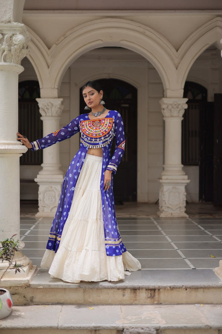 Blue & Chiku Navratri Chaniya Choli with Mirror Work – Traditional Garba & Dandiya Outfit for Women