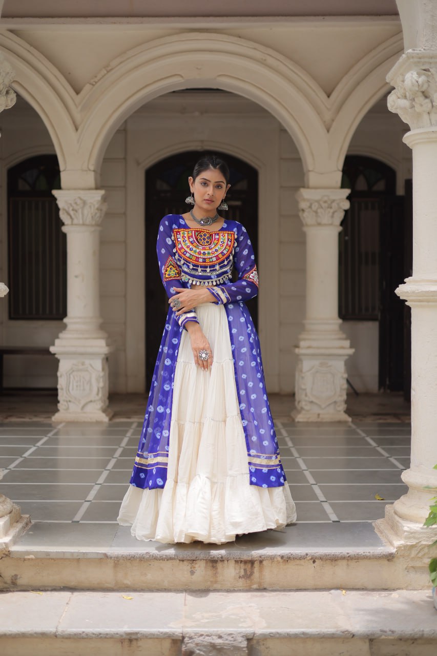Blue & Chiku Navratri Chaniya Choli with Mirror Work – Traditional Garba & Dandiya Outfit for Women