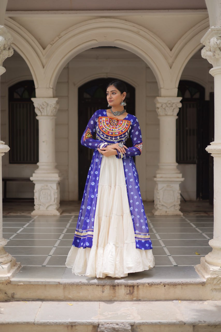 Blue & Chiku Navratri Chaniya Choli with Mirror Work – Traditional Garba & Dandiya Outfit for Women