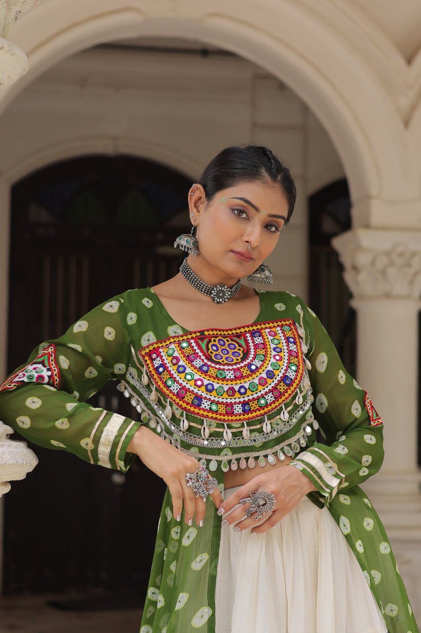 Green & Chiku Navratri Chaniya Choli with Mirror Work – Traditional Garba & Dandiya Outfit for Women