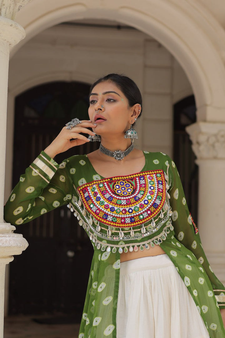 Green & Chiku Navratri Chaniya Choli with Mirror Work – Traditional Garba & Dandiya Outfit for Women