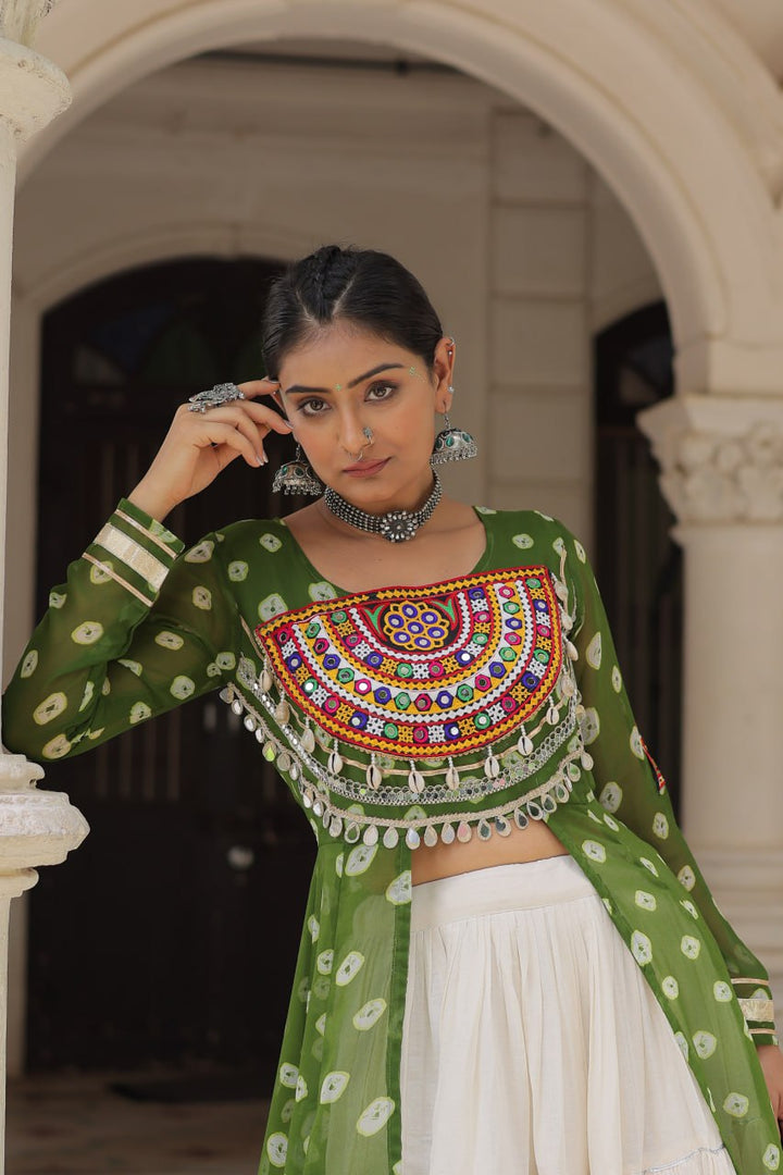 Green & Chiku Navratri Chaniya Choli with Mirror Work – Traditional Garba & Dandiya Outfit for Women
