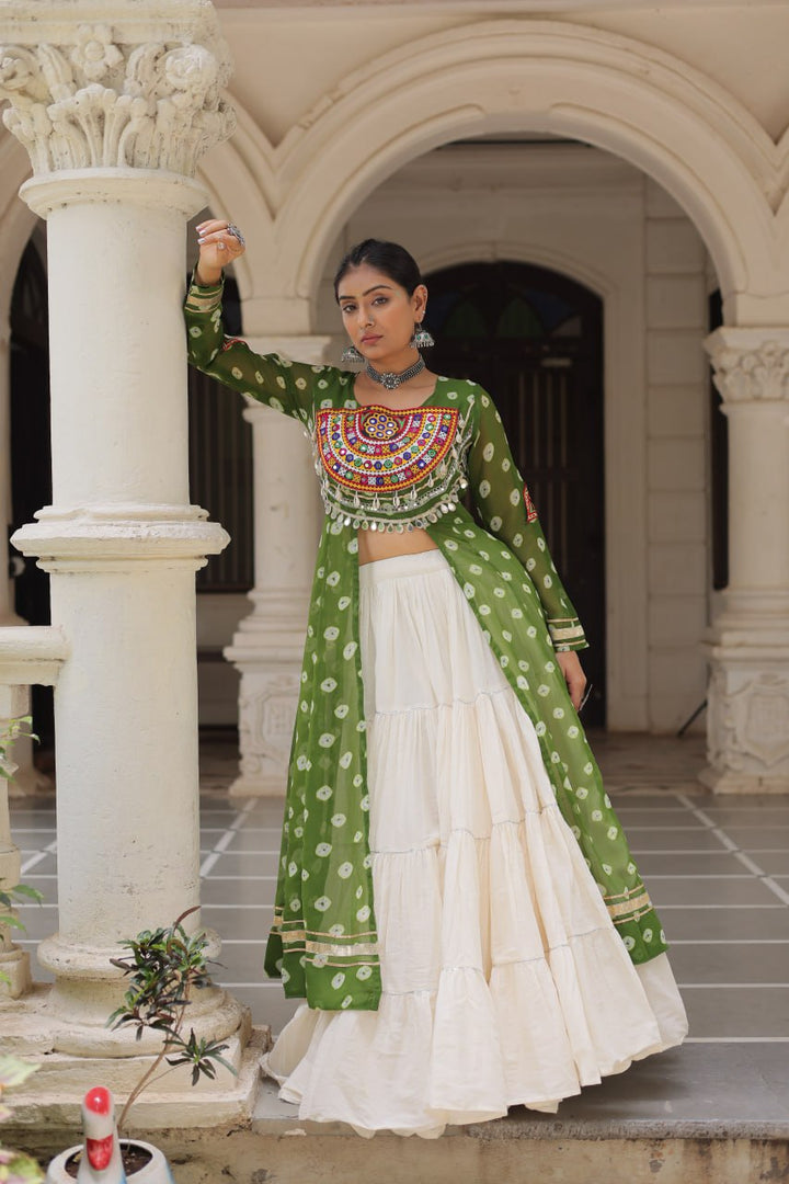 Green & Chiku Navratri Chaniya Choli with Mirror Work – Traditional Garba & Dandiya Outfit for Women