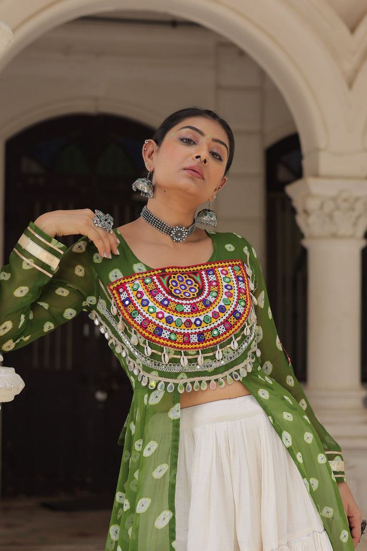 Green & Chiku Navratri Chaniya Choli with Mirror Work – Traditional Garba & Dandiya Outfit for Women