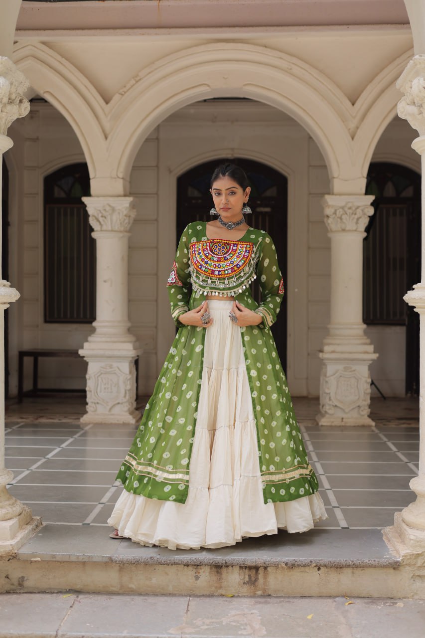 Green & Chiku Navratri Chaniya Choli with Mirror Work – Traditional Garba & Dandiya Outfit for Women