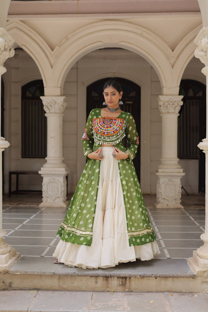 Green & Chiku Navratri Chaniya Choli with Mirror Work – Traditional Garba & Dandiya Outfit for Women