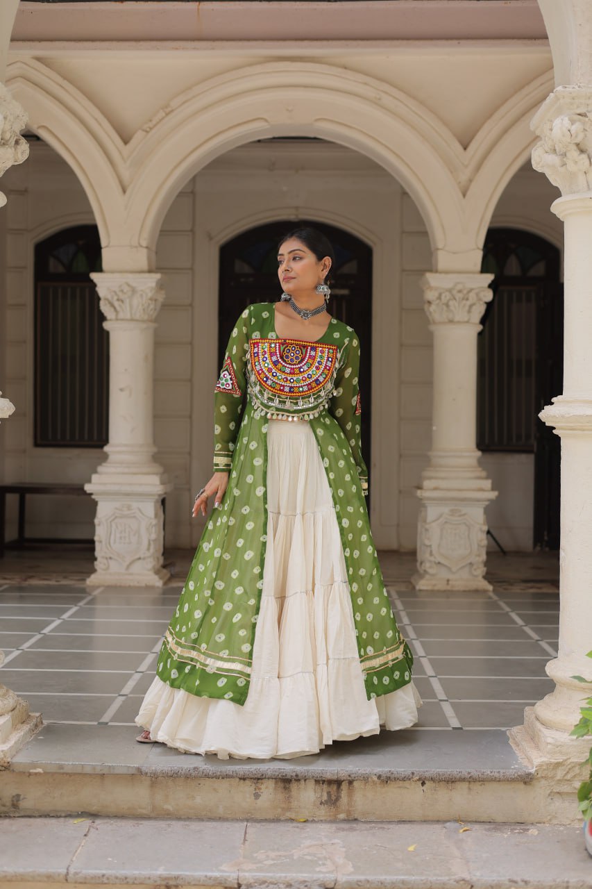 Green & Chiku Navratri Chaniya Choli with Mirror Work – Traditional Garba & Dandiya Outfit for Women
