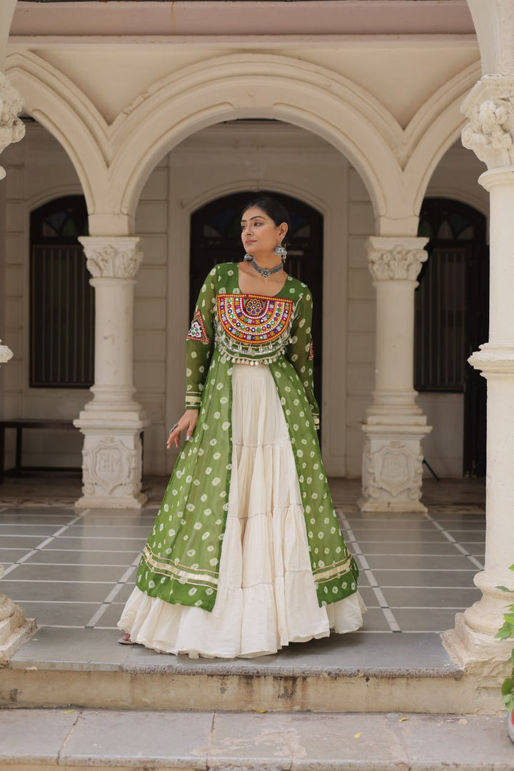 Green & Chiku Navratri Chaniya Choli with Mirror Work – Traditional Garba & Dandiya Outfit for Women