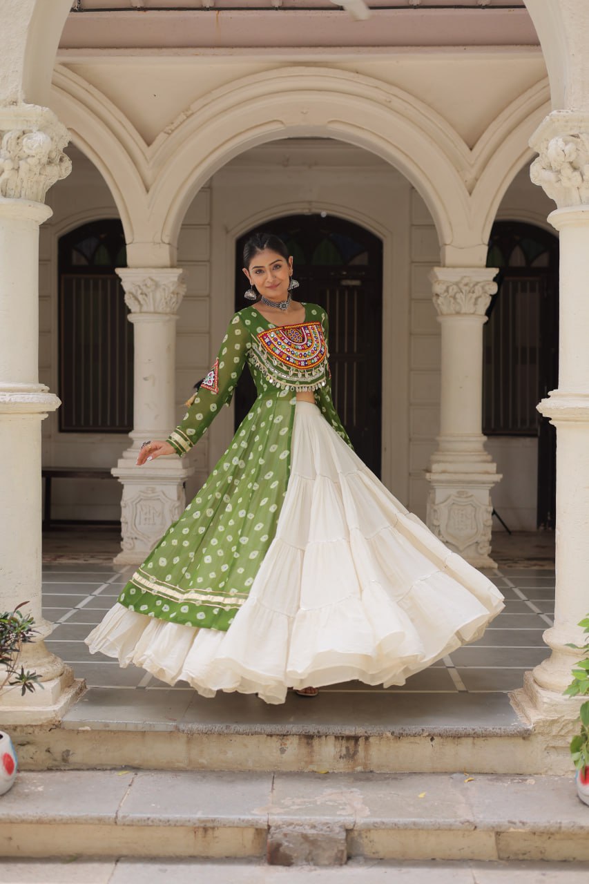 Green & Chiku Navratri Chaniya Choli with Mirror Work – Traditional Garba & Dandiya Outfit for Women