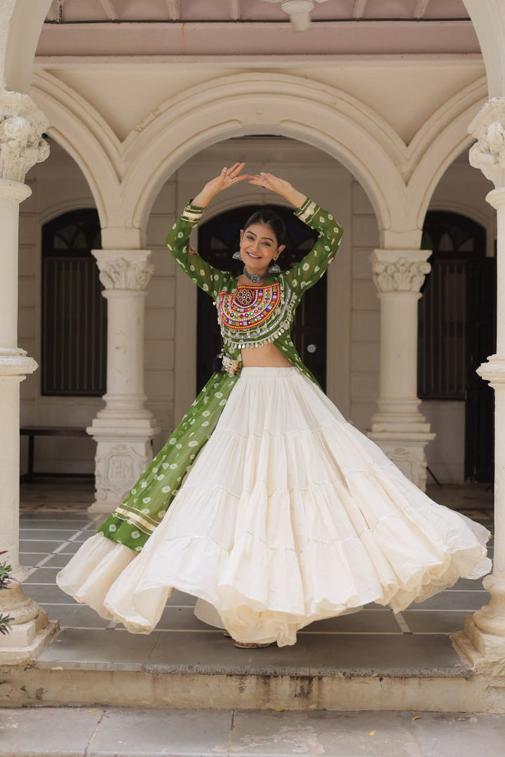 Green & Chiku Navratri Chaniya Choli with Mirror Work – Traditional Garba & Dandiya Outfit for Women