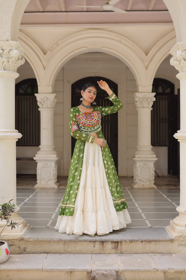 Green & Chiku Navratri Chaniya Choli with Mirror Work – Traditional Garba & Dandiya Outfit for Women