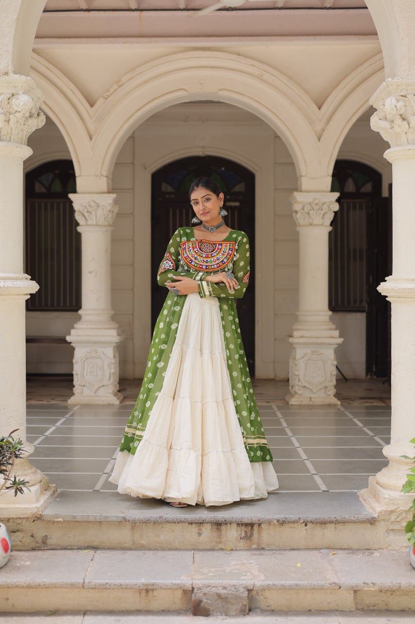 Green & Chiku Navratri Chaniya Choli with Mirror Work – Traditional Garba & Dandiya Outfit for Women