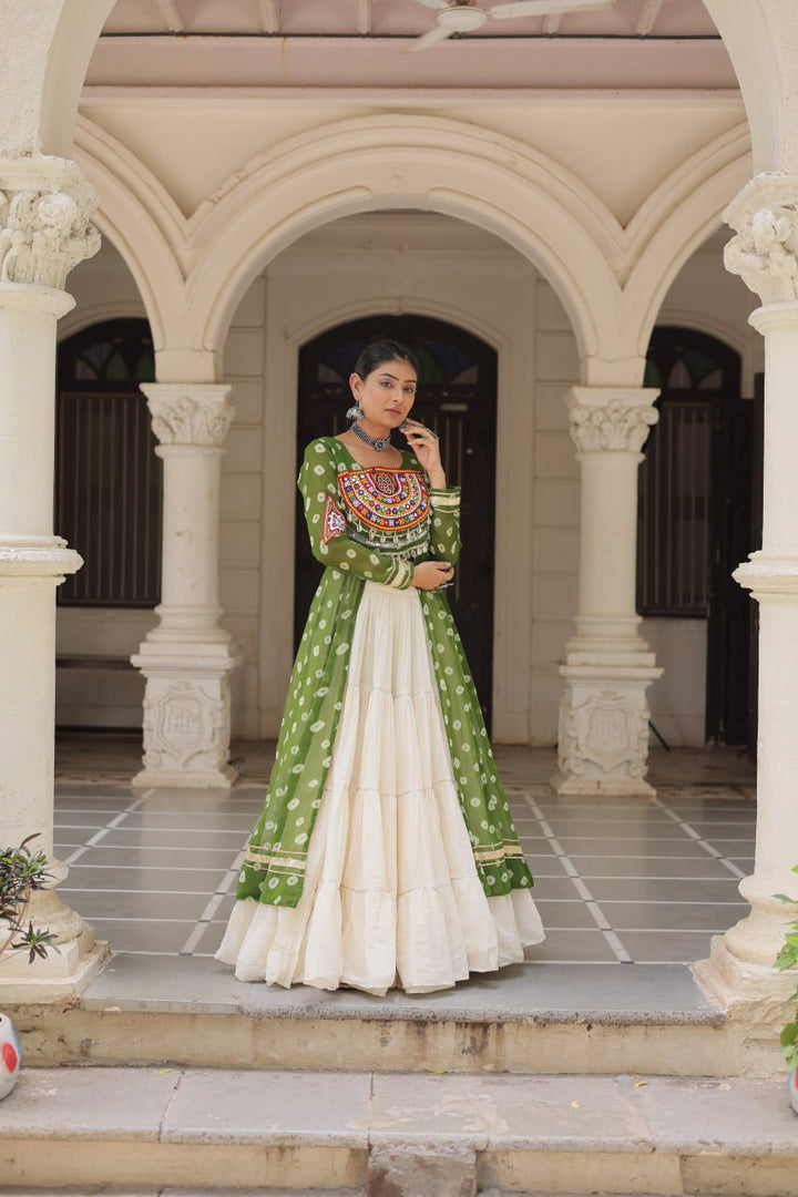 Green & Chiku Navratri Chaniya Choli with Mirror Work – Traditional Garba & Dandiya Outfit for Women