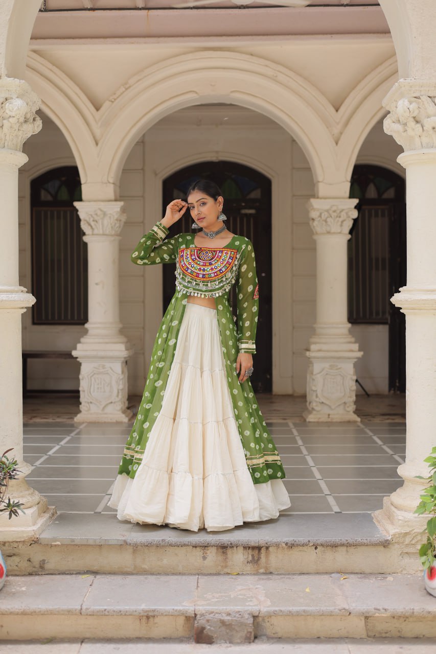 Green & Chiku Navratri Chaniya Choli with Mirror Work – Traditional Garba & Dandiya Outfit for Women