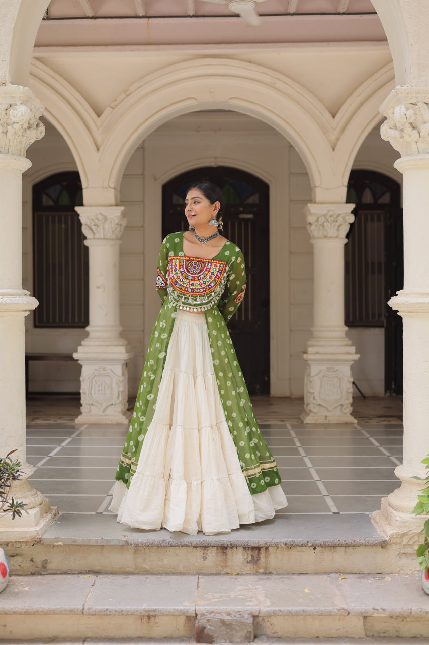 Green & Chiku Navratri Chaniya Choli with Mirror Work – Traditional Garba & Dandiya Outfit for Women