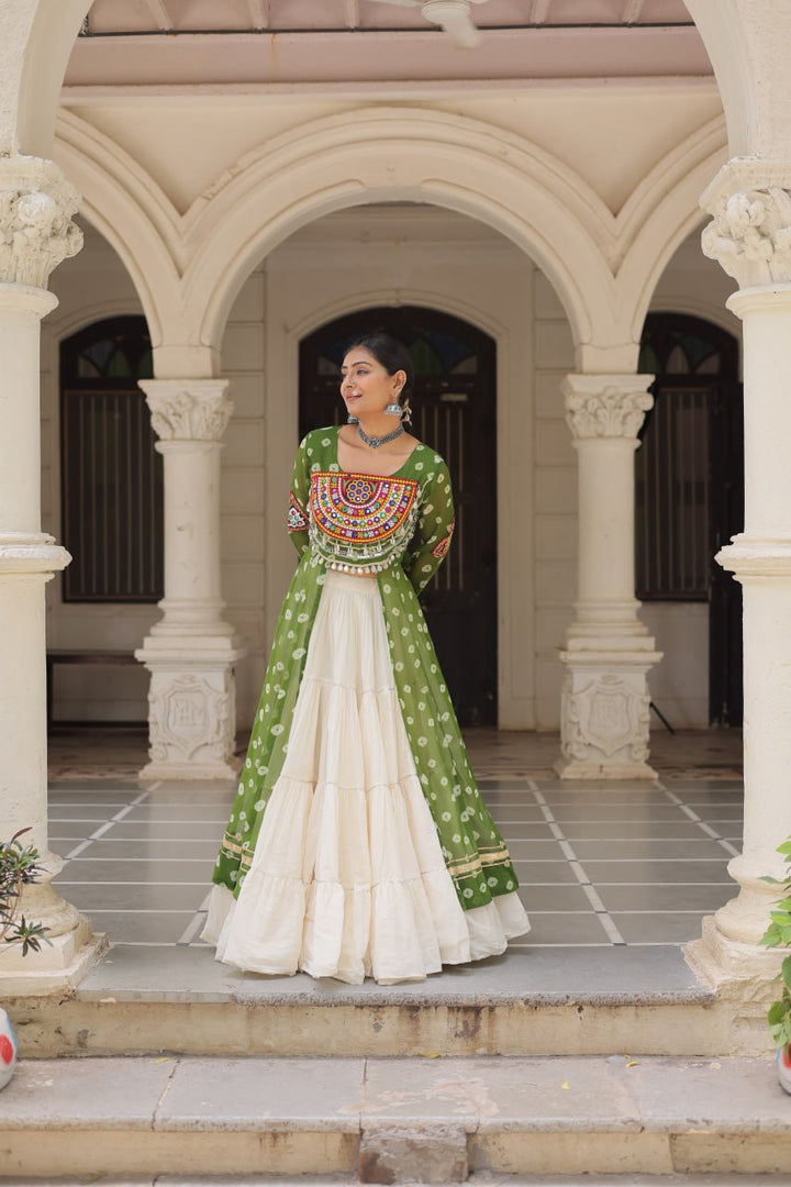 Green & Chiku Navratri Chaniya Choli with Mirror Work – Traditional Garba & Dandiya Outfit for Women