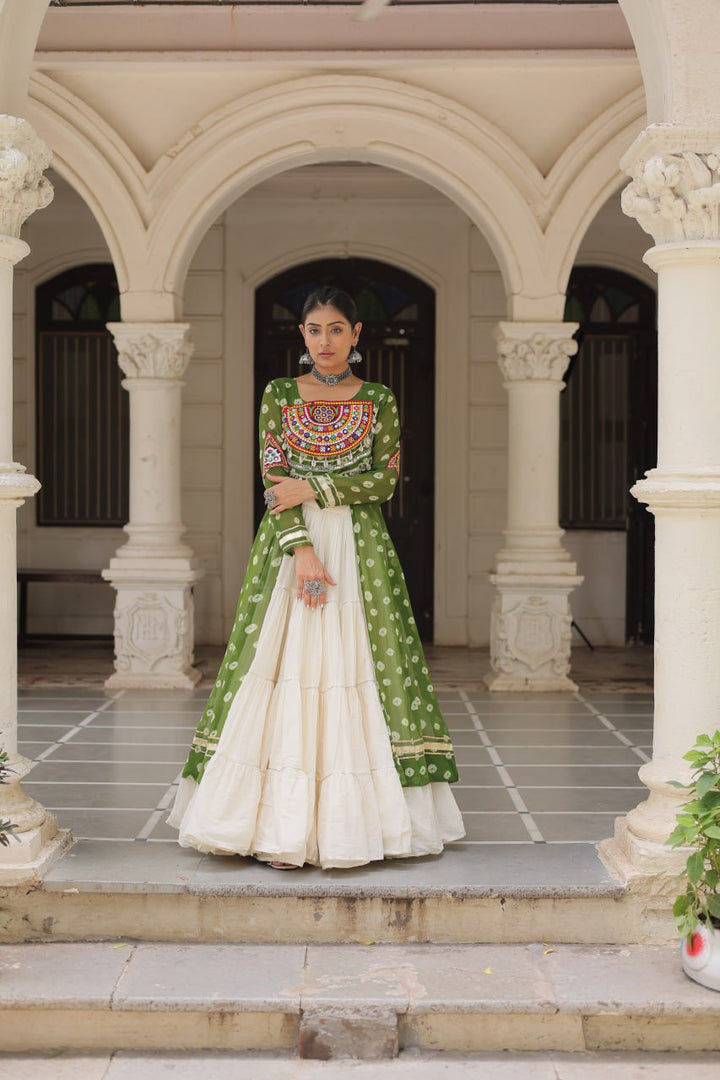 Green & Chiku Navratri Chaniya Choli with Mirror Work – Traditional Garba & Dandiya Outfit for Women