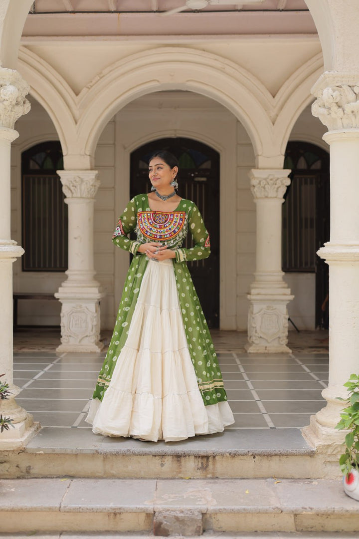 Green & Chiku Navratri Chaniya Choli with Mirror Work – Traditional Garba & Dandiya Outfit for Women