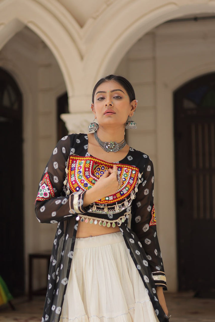 Black & Chiku Navratri Chaniya Choli with Mirror Work – Traditional Garba & Dandiya Outfit for Women