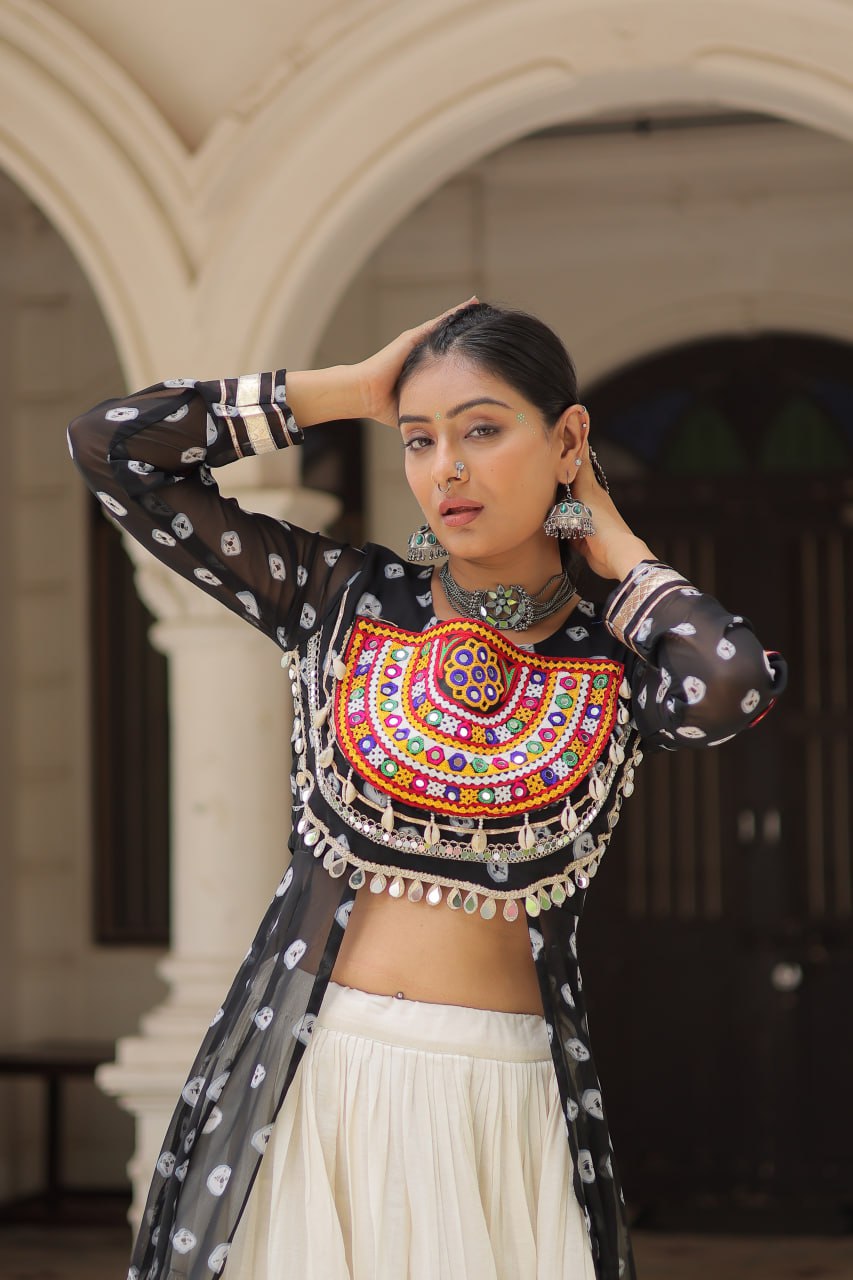 Black & Chiku Navratri Chaniya Choli with Mirror Work – Traditional Garba & Dandiya Outfit for Women