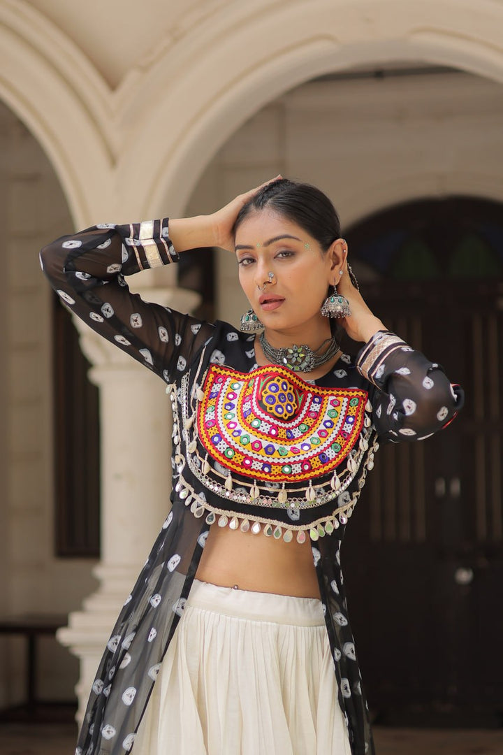 Black & Chiku Navratri Chaniya Choli with Mirror Work – Traditional Garba & Dandiya Outfit for Women