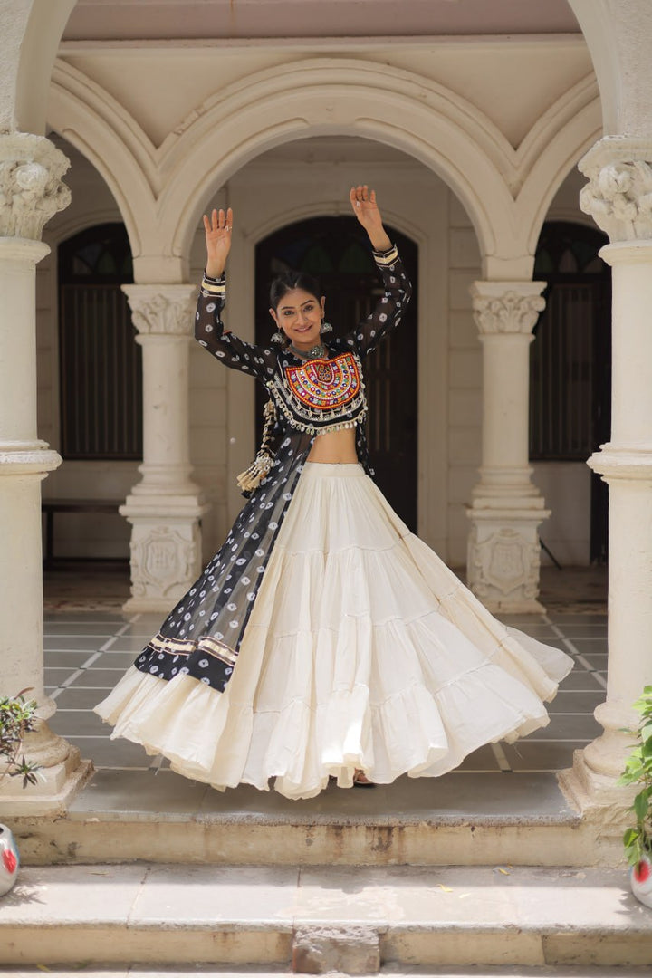 Black & Chiku Navratri Chaniya Choli with Mirror Work – Traditional Garba & Dandiya Outfit for Women