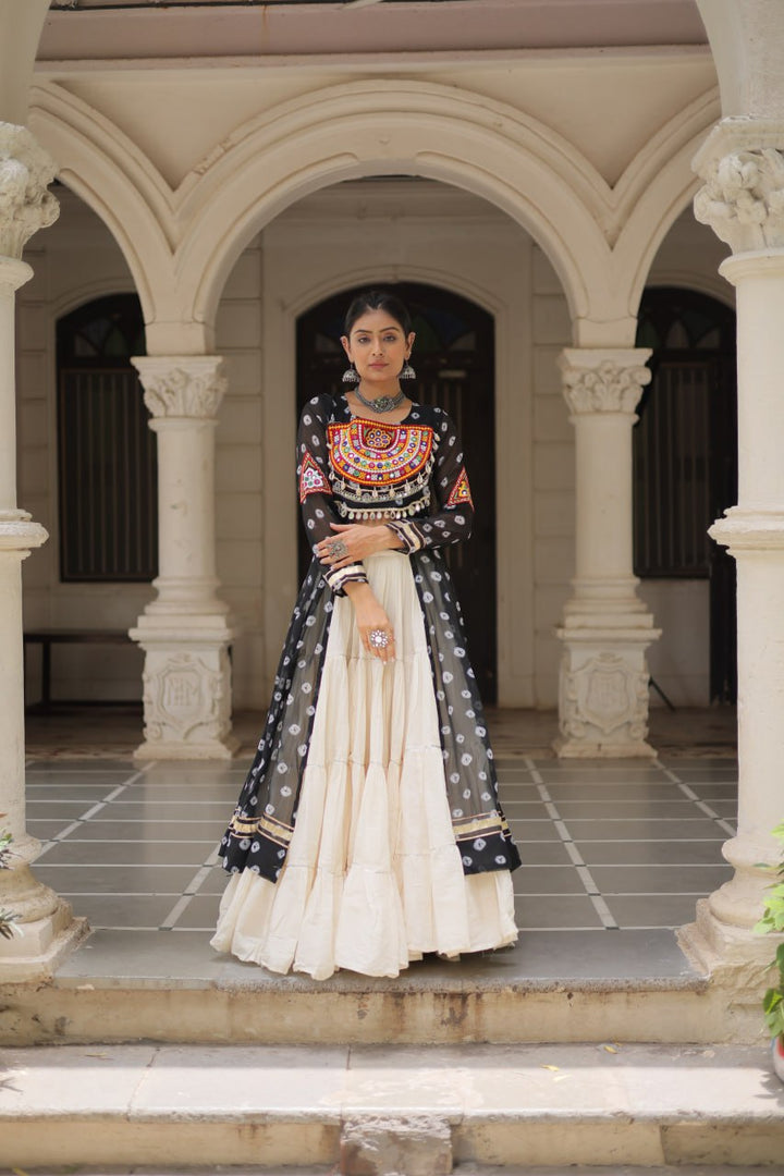 Black & Chiku Navratri Chaniya Choli with Mirror Work – Traditional Garba & Dandiya Outfit for Women