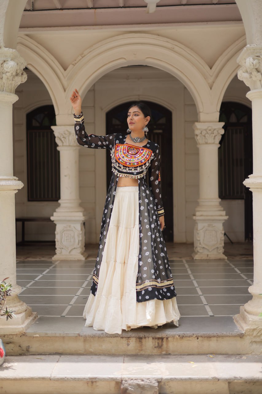 Black & Chiku Navratri Chaniya Choli with Mirror Work – Traditional Garba & Dandiya Outfit for Women
