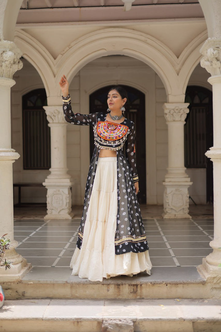 Black & Chiku Navratri Chaniya Choli with Mirror Work – Traditional Garba & Dandiya Outfit for Women