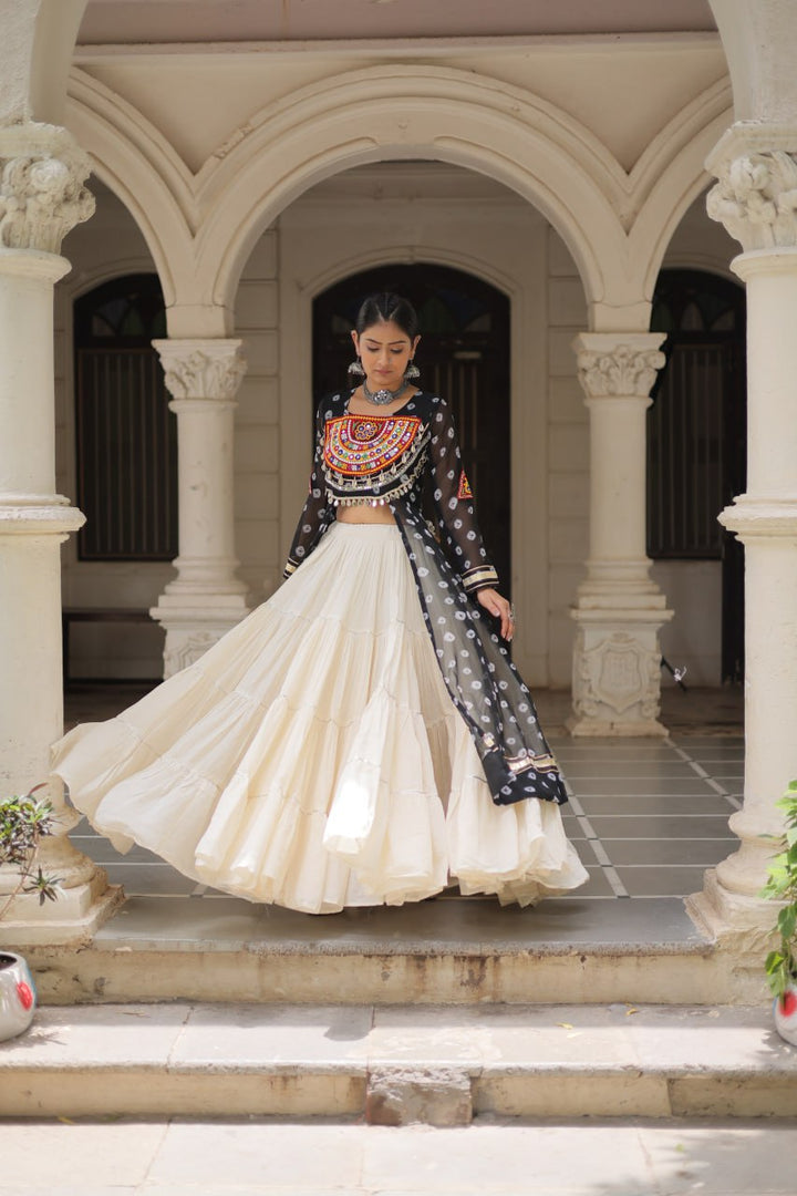 Black & Chiku Navratri Chaniya Choli with Mirror Work – Traditional Garba & Dandiya Outfit for Women