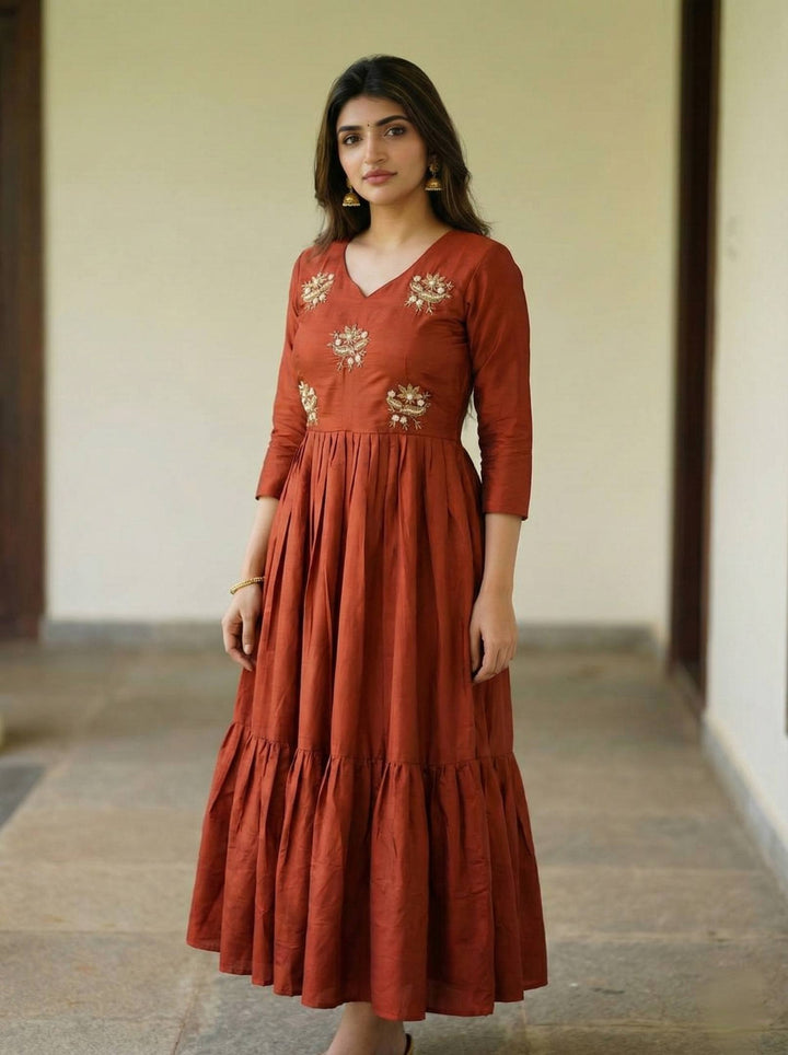 Festive Wear Rust Roman Fabric Anarkali Gown | Elegant Long Dress for Women