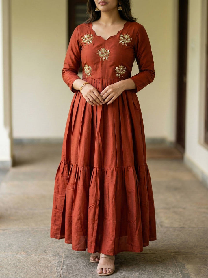 Festive Wear Rust Roman Fabric Anarkali Gown | Elegant Long Dress for Women