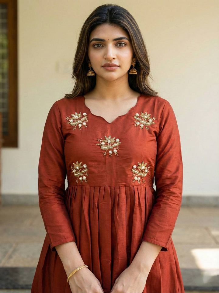Festive Wear Rust Roman Fabric Anarkali Gown | Elegant Long Dress for Women