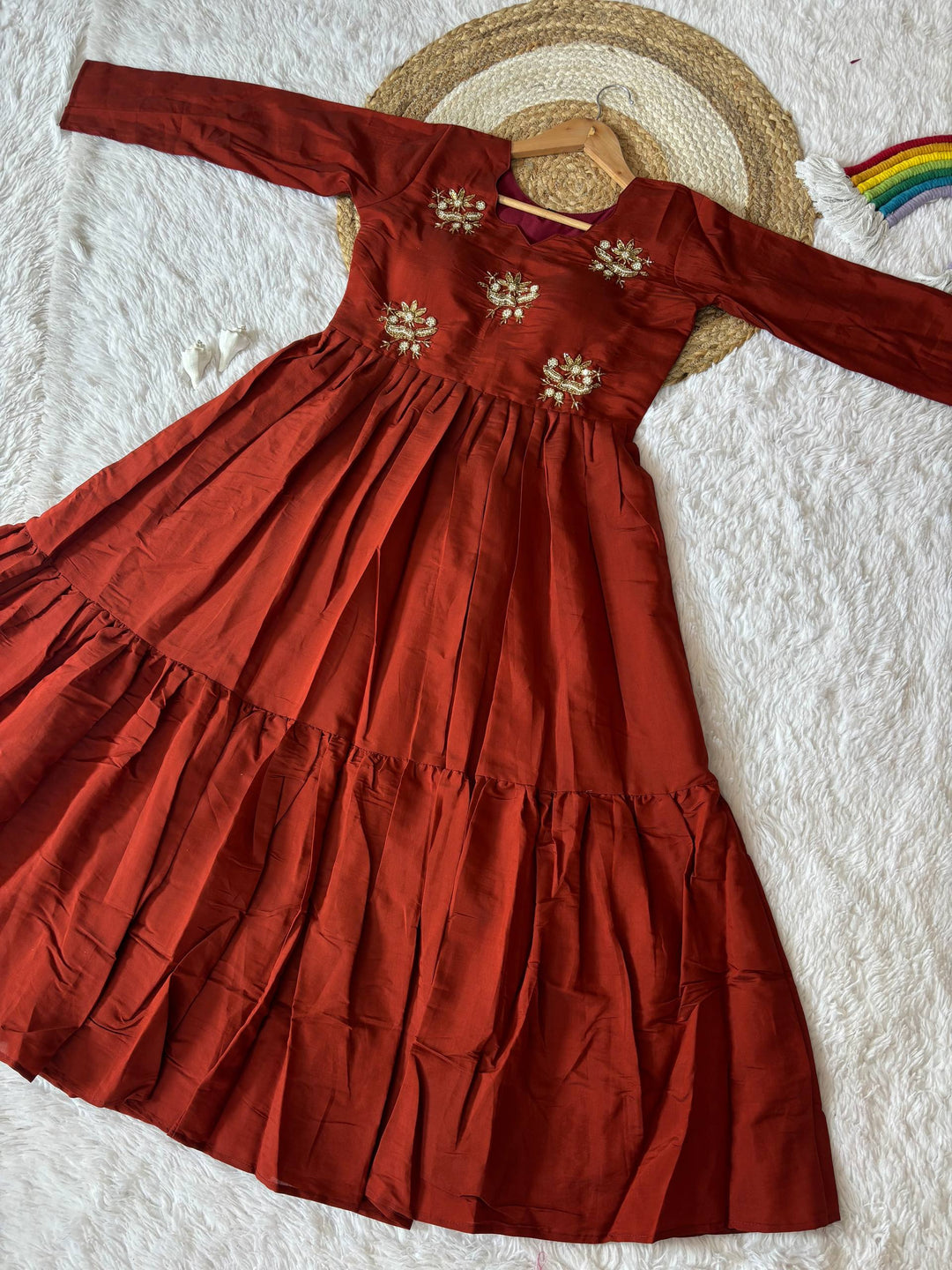 Festive Wear Rust Roman Fabric Anarkali Gown | Elegant Long Dress for Women