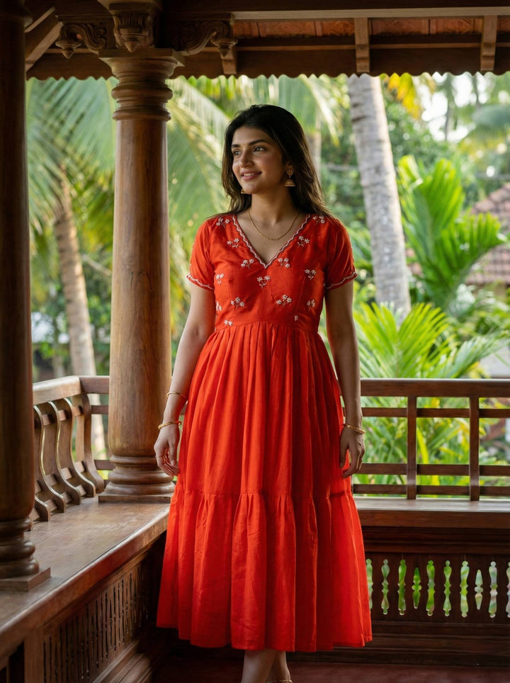 Designer Red Ethnic Gown for Women with Moti Kardana Hand Embroidery