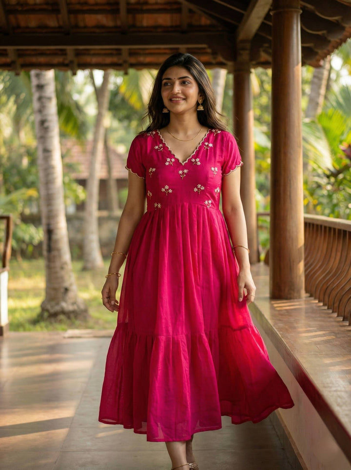 Designer Rani Pink Ethnic Gown for Women with Moti Kardana Hand Embroidery