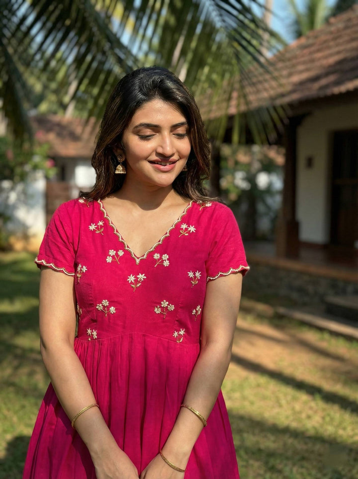 Designer Rani Pink Ethnic Gown for Women with Moti Kardana Hand Embroidery