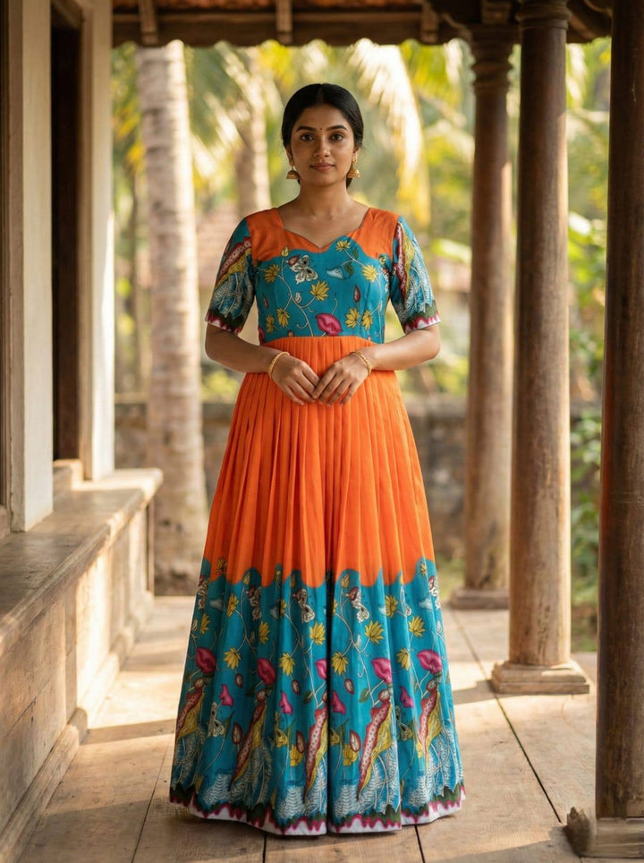 Teal & Orange Kalamkari Print Maslin Gown with Flared Silhouette