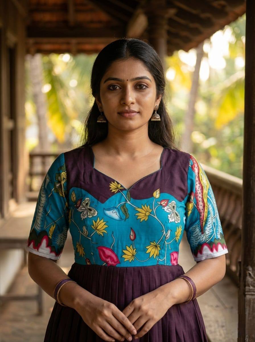 Elegant Wine Purple & Teal Kalamkari Print Maslin Gown