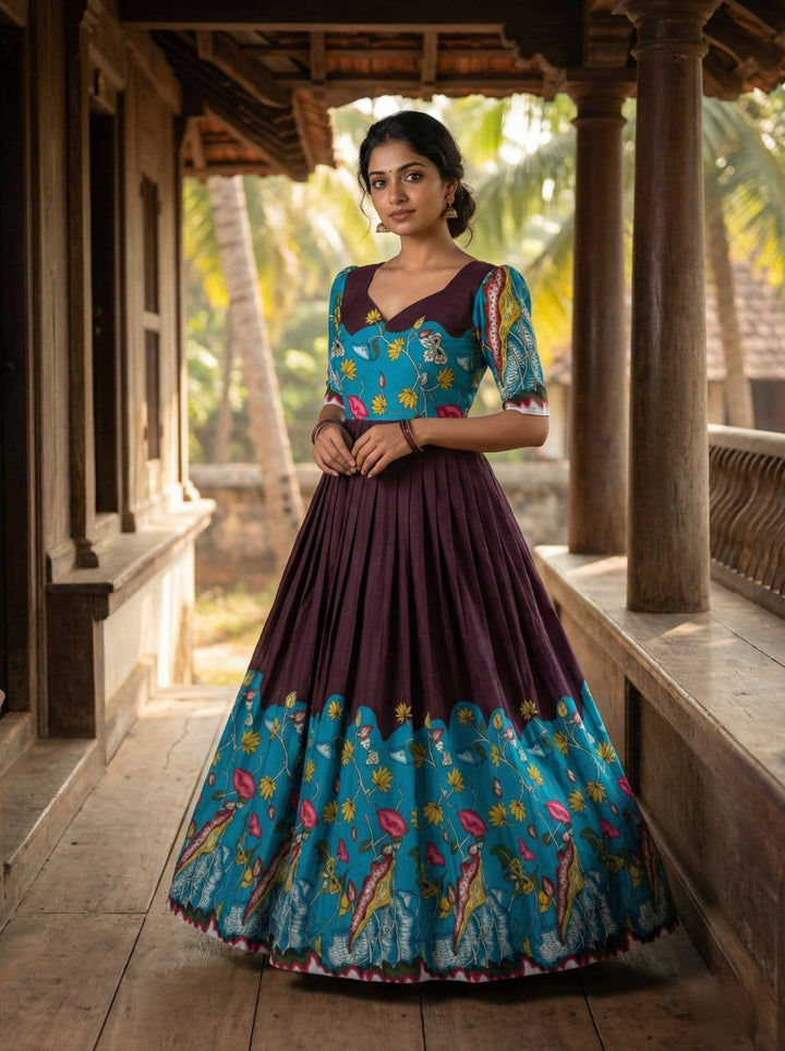 Elegant Wine Purple & Teal Kalamkari Print Maslin Gown